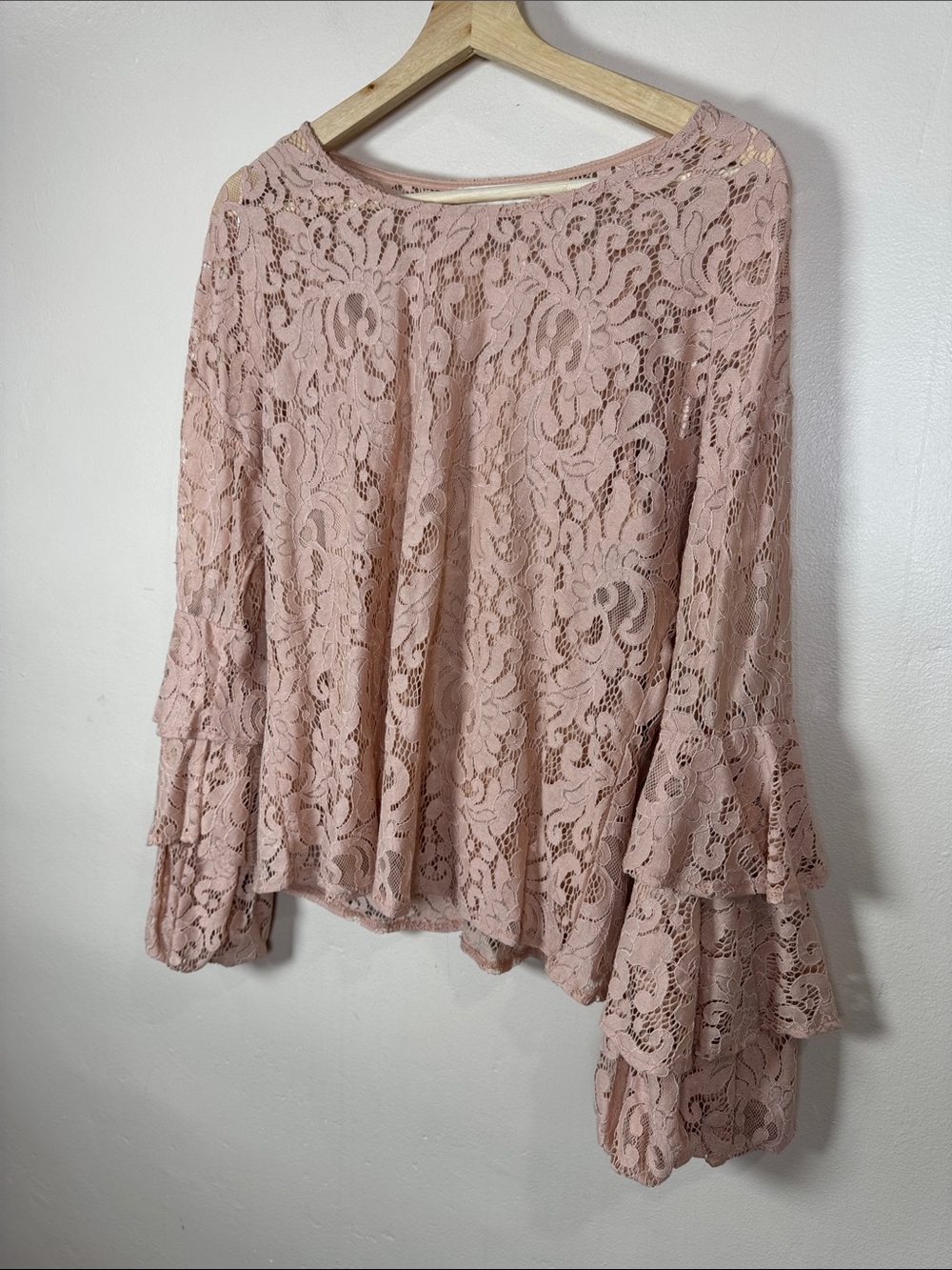 Solitaire Dusty Pink Lace Bell-Sleeve Blouse Boho Fairy Festival M Cottage
